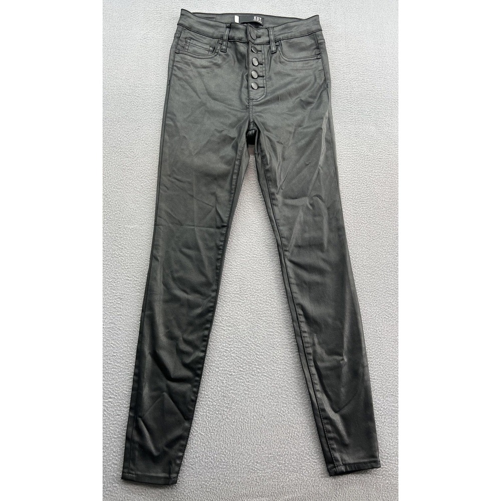 Kut from the Kloth Pants Womens 0 Black Mia Hi-Rise Skinny Wax Coated Button Fly